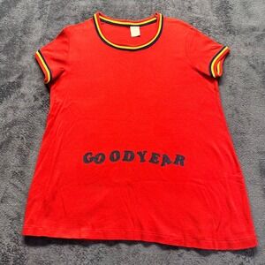 Vintage Made In California Goodyear Ringer T-Shirt Red Kids Large Rainbow Sleeve